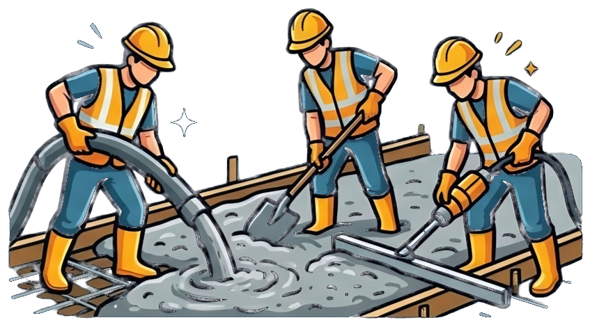 Ilustración de cuadrilla colocando y nivelando concreto en obra